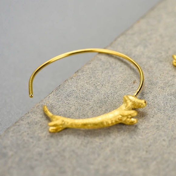 Real 925 Sterling Silver/18k Plated Gold Dachshund Dog Hoop Earrings - Picture 5 of 7